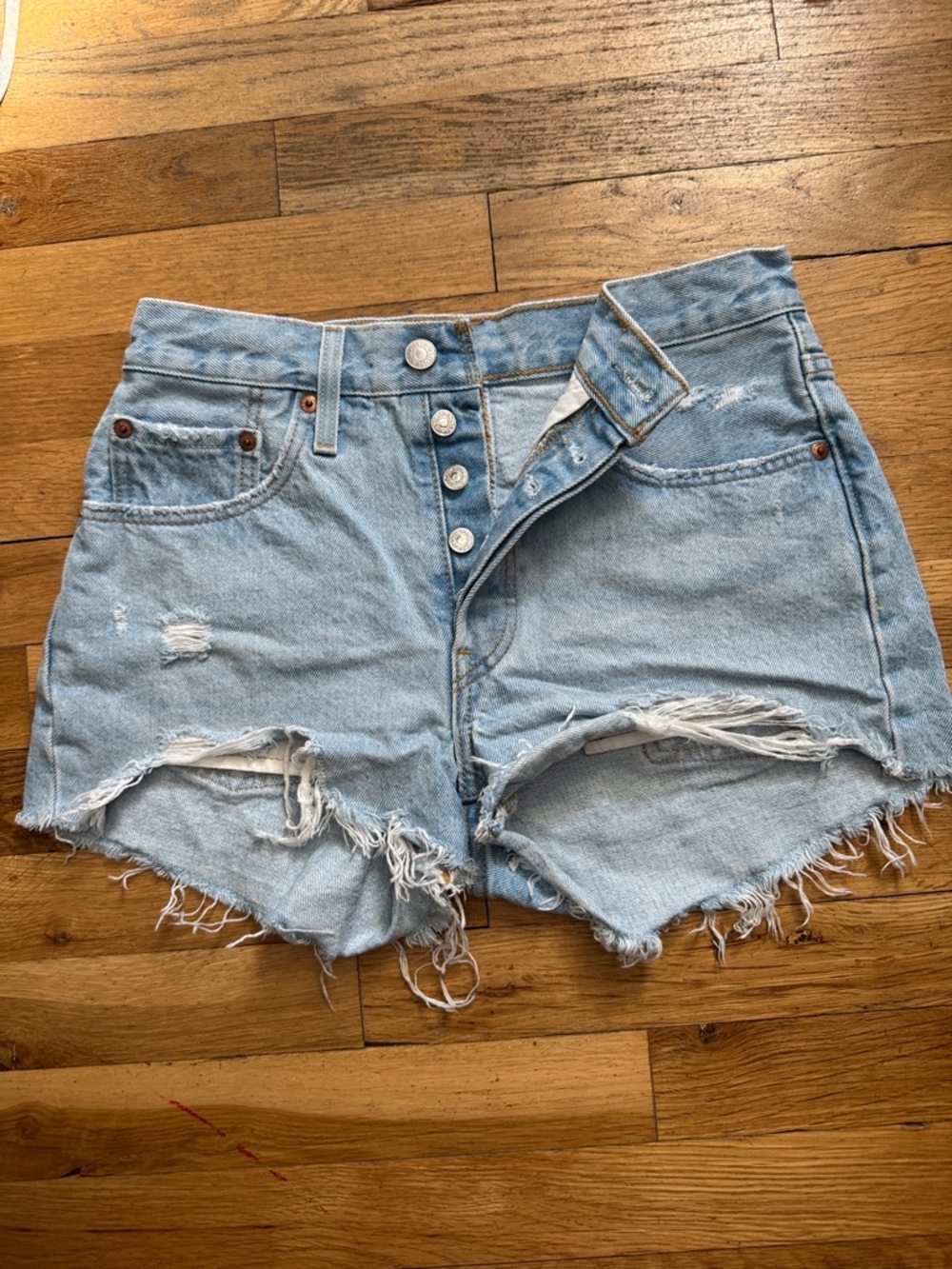 Levi's Light Blue Distressed High-Rise Jean Shorts